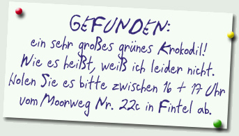 GEFUNDEN: ein sehr großes grünes Krokodil! Wie es heißt, weiß ich leider nicht. Holen Sie es bitte zwischen 16 + 17 Uhr  von Moorweg Nr. 22c in Fintel ab.